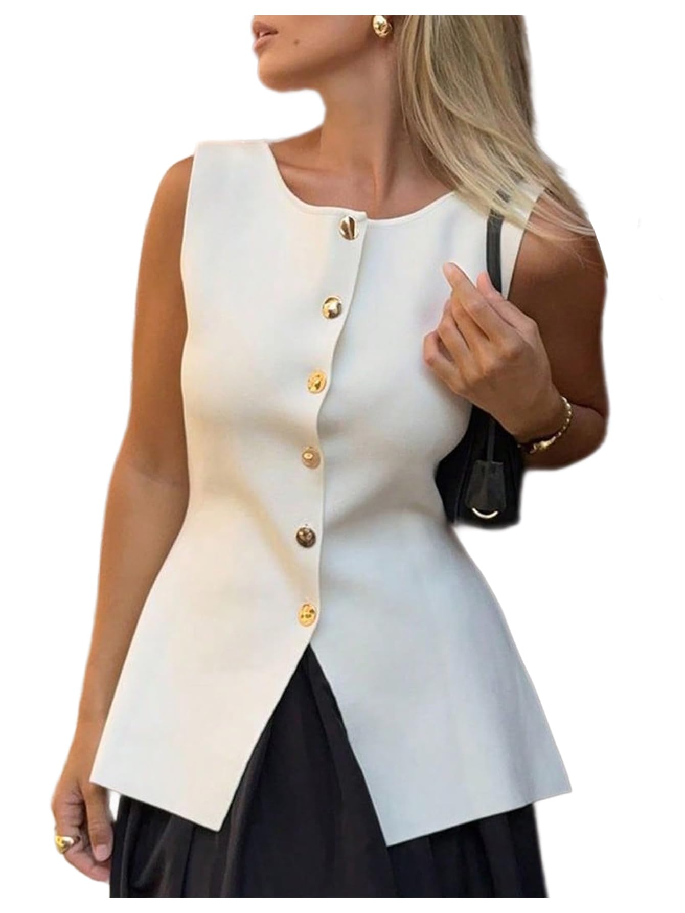 GORGLITTER Womens Sleeveless Blazer Vest Dressy Button Up Vest Top Elegant Crew Neck Knit Tops Office Suit Vests