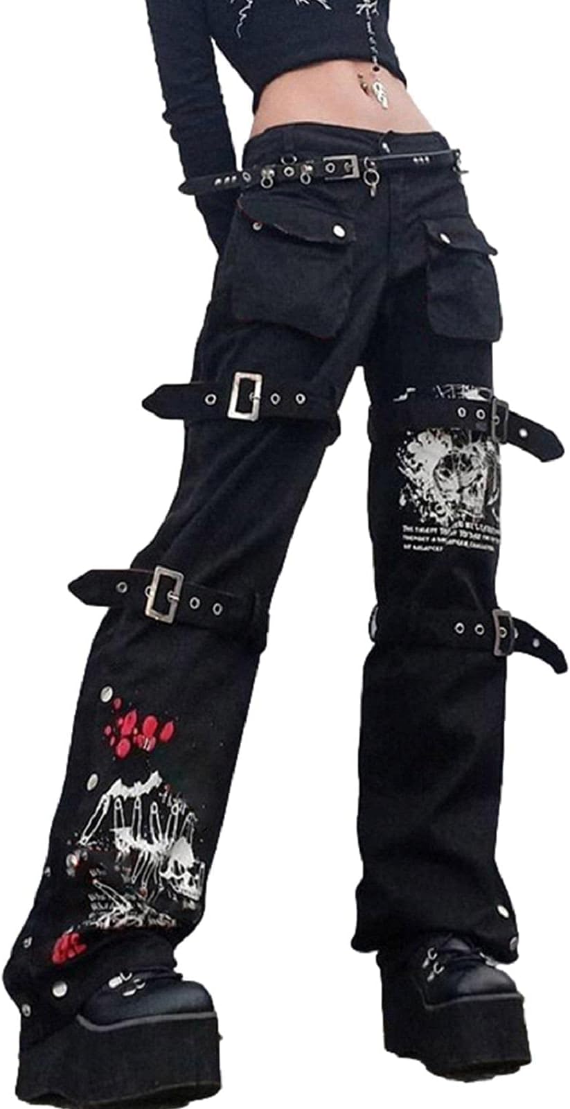 Women Gothic Cargo Pants Loose Low Waist Trousers Wide Leg Baggy Jeans Harajuku Streetwear Punk