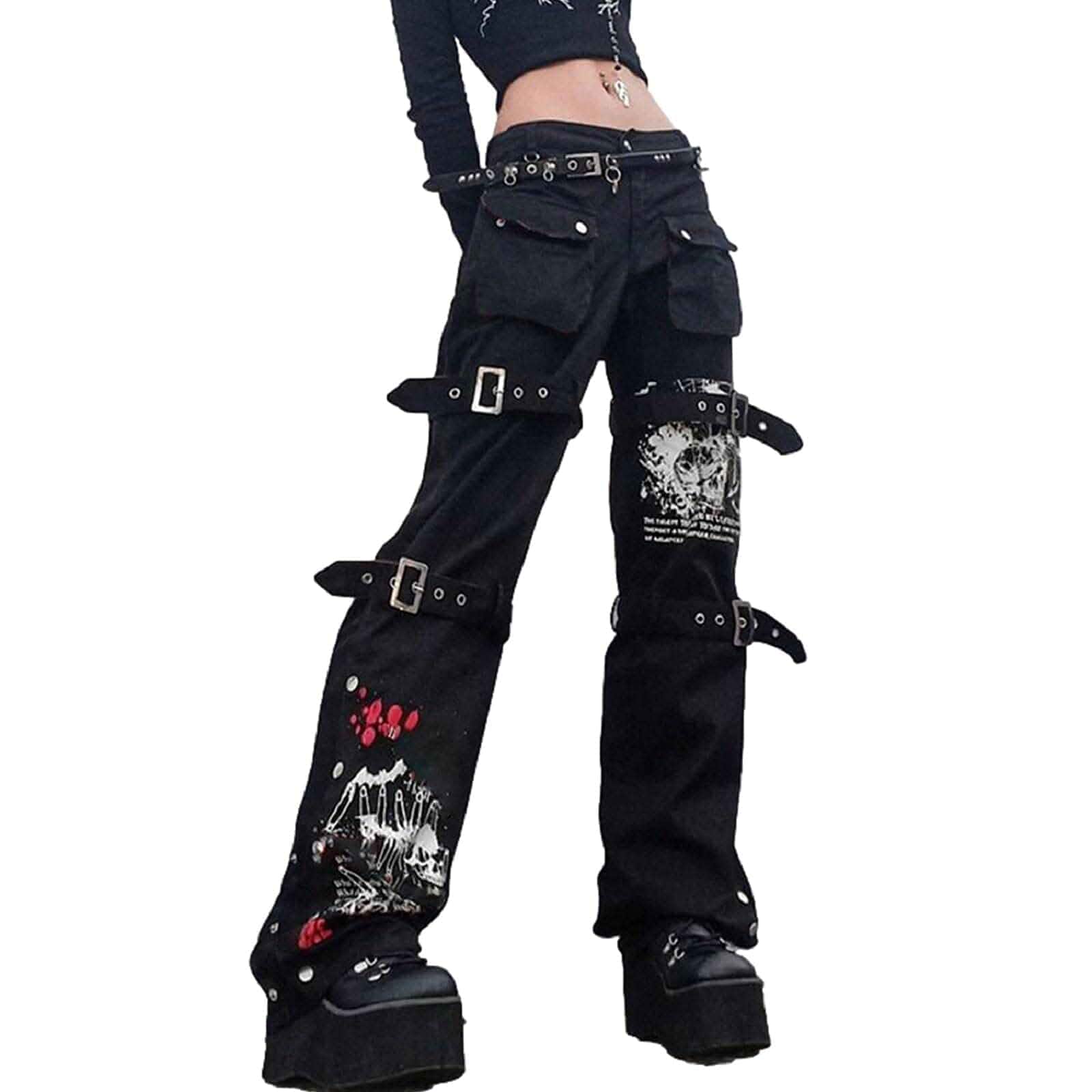 NUFIWI Women Gothic Cargo Pants Loose Low Waist Trousers Wide Leg Baggy Jeans Harajuku Streetwear Punk Cargo