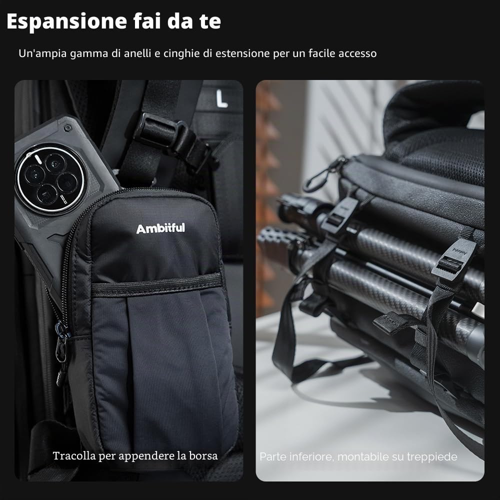 AMBITFUL Grande zaino per fotocamera DSLR/SLR, mirrorless, ergonomico, sospeso, professionale, zaino per fotografia all'aperto, impermeabile, con supporto per treppiede e scomparto per laptop, nero