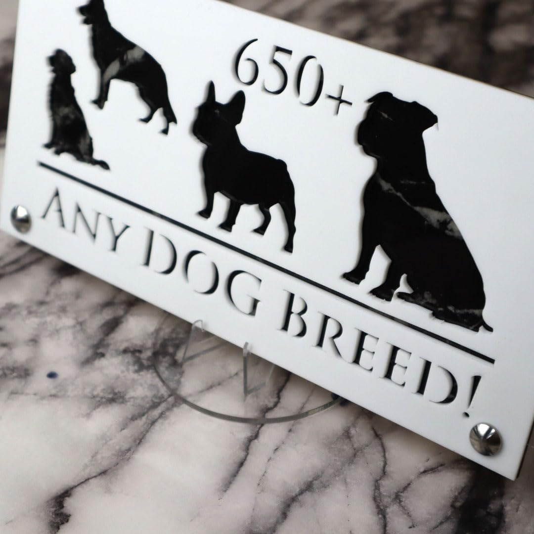 K Smart Sign | 280mm x 140mm | Personalised Dog Luxe property house Dogs wall number address Any-Dog personalised plaque numbers signs fully personalised choose your own (White & Black Marble)