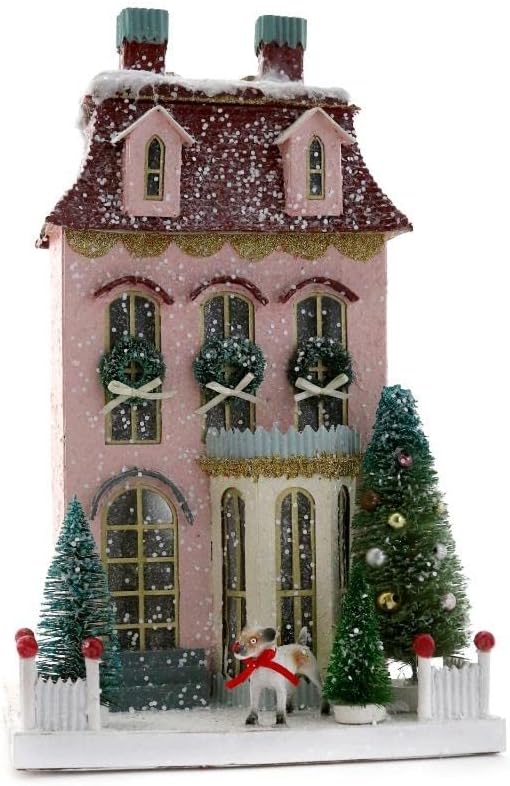 Cody Foster & Co 15 inch Pink Chateau Townhouse with Dog Christmas Village House Multicolor