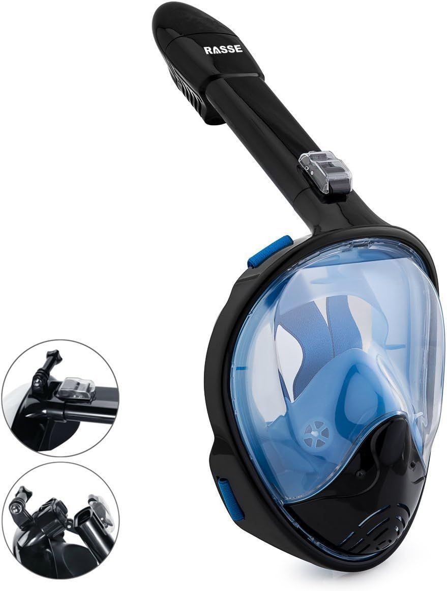 RASSE Full Face Snorkel Mask,Snorkeling Mask with Anti-Fog Anti-Leak Design and Detachable Camera Mount,Easier Breath with 180 Degree Larger View Area for Adults Youth Kids