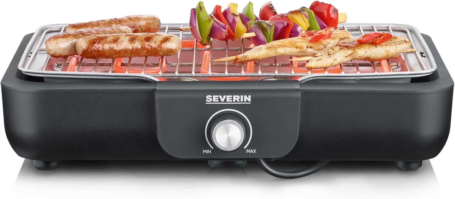 SEVERIN PG 8554 Electric Tabletop Barbecue with sausages, chicken, and vegetable skewers grilling on the rack