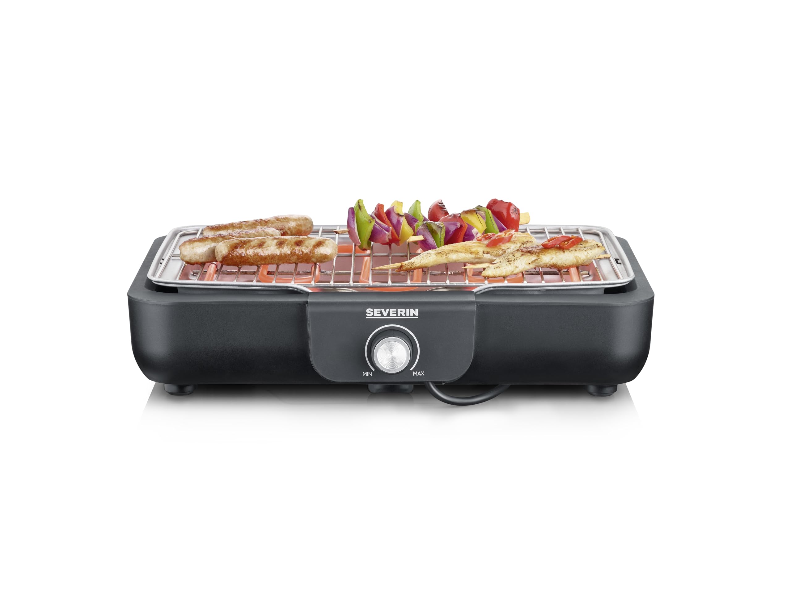 SEVERIN PG 8554 grill stołowy z rusztem do grillowania ze stali nierdzewnej, do użytku wewnątrz i na zewnątrz, 2300 W, 37 x 29 cm, regulacja temperatury, sterowany termostatem, czarny, PG 8554