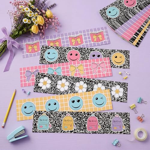 Image of 60 Pcs 69 ft Pastel Composition Bulletin Board Border | Pastel Border Trim Cute Bow Smile Faces Flower Grid Straight Borders for Back to School Classroom Chalkboard Wall Decor