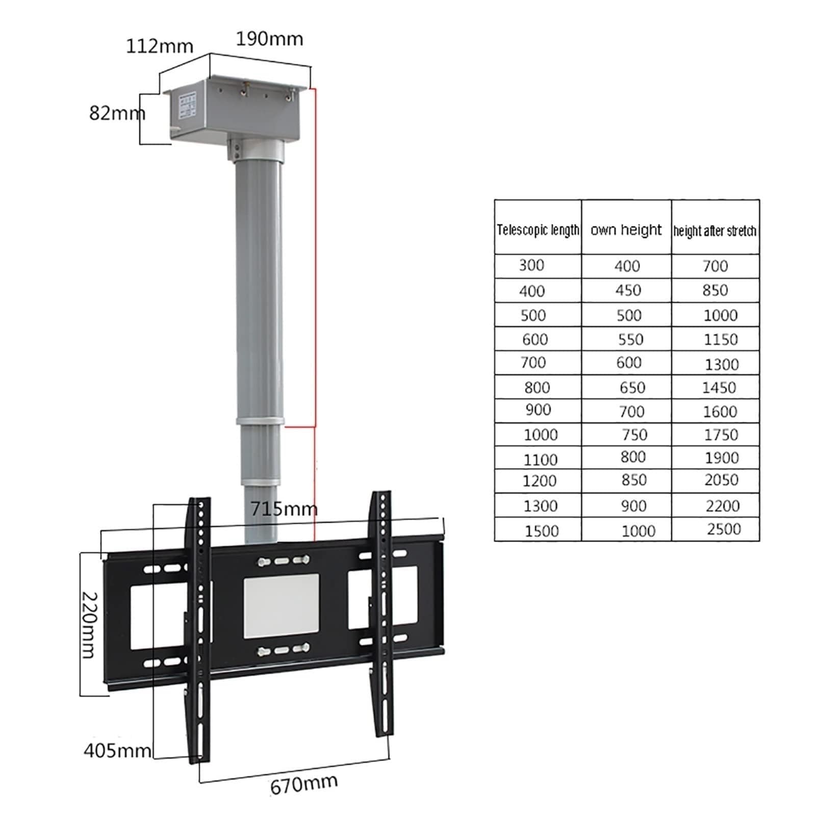 Soporte Motorizado para Televisores LCD De Techo - Elevador Eléctrico Telescópico para TV, Soporte De Techo Ajustable con Mando A Distancia, Rotación Manual De 360°(70cm)