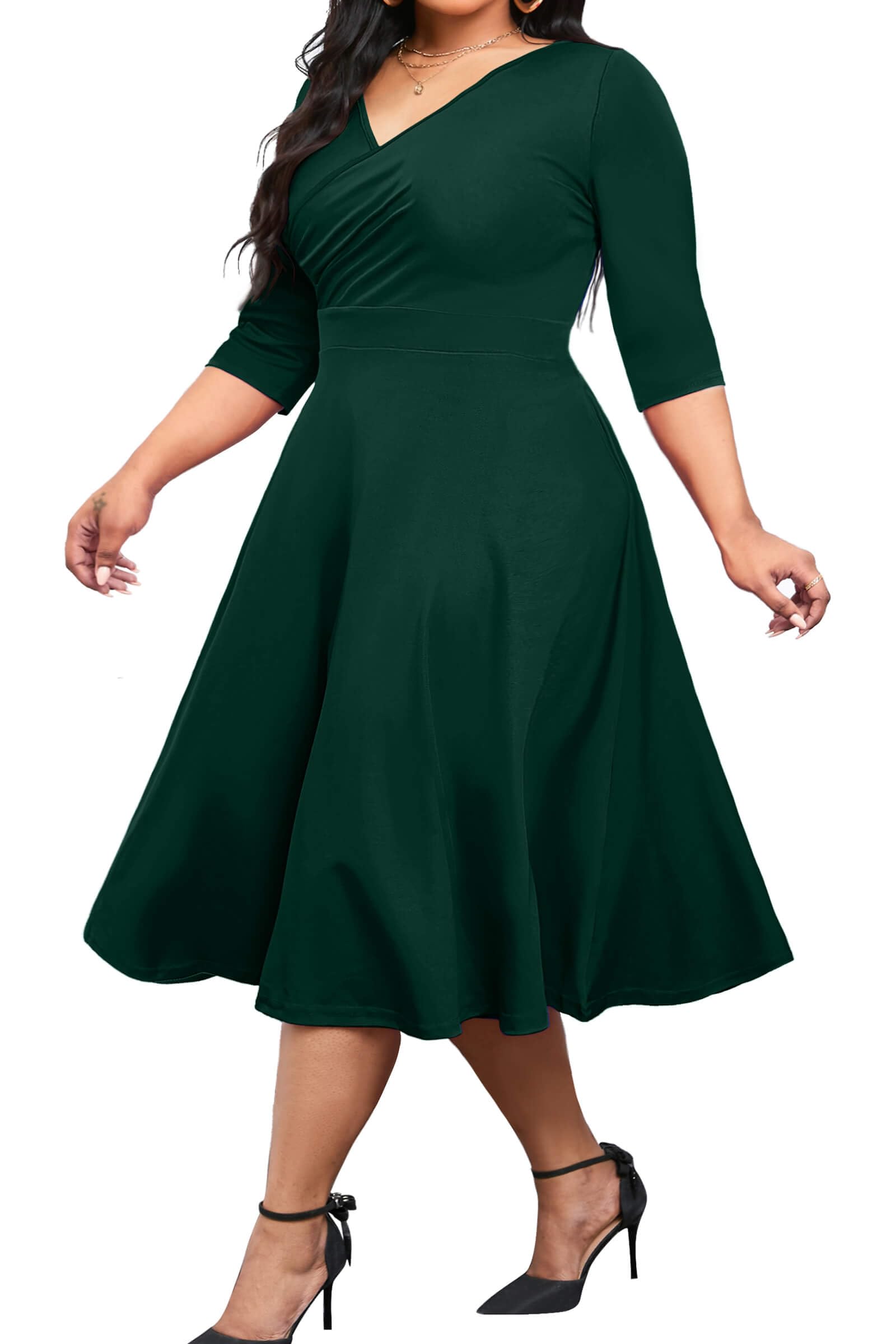 Women's Plus Size Midi Dress 3/4 Sleeve A-Line Swing Dress V Neck Flowy Casual Dresses