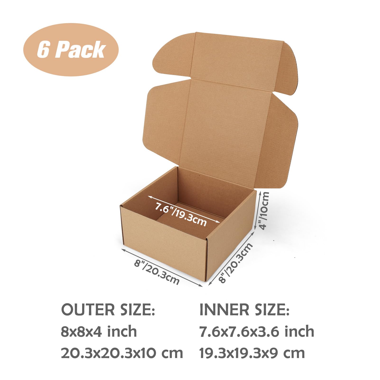 8x8x4 Versandkartons 6er Set, kleine Pappkartons zum Verpacken, braune Versandkartons für Kleinunternehmen