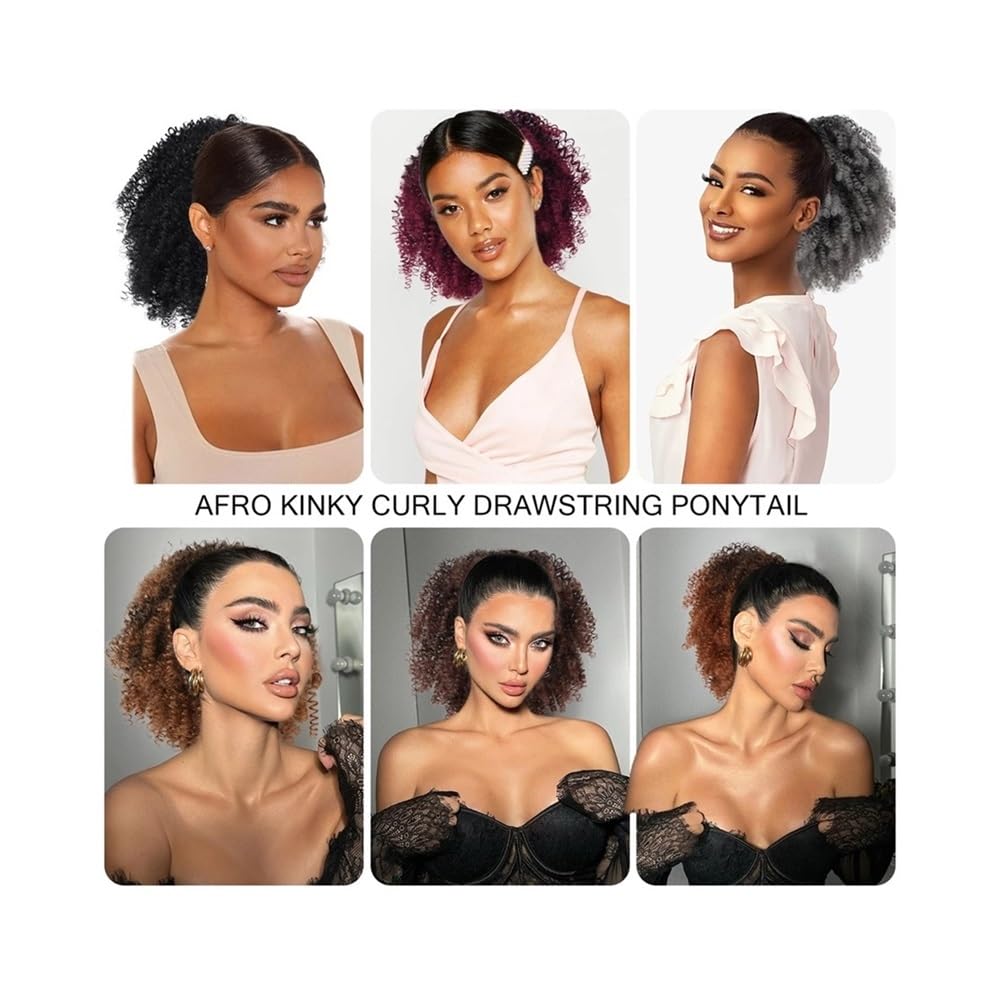 Health Extension de queue de cheval afro courte bouclée avec cordon de serrage pour femme noire Synthétique Afro Puff Queue de cheval avec clips Soins personnels (Noir)