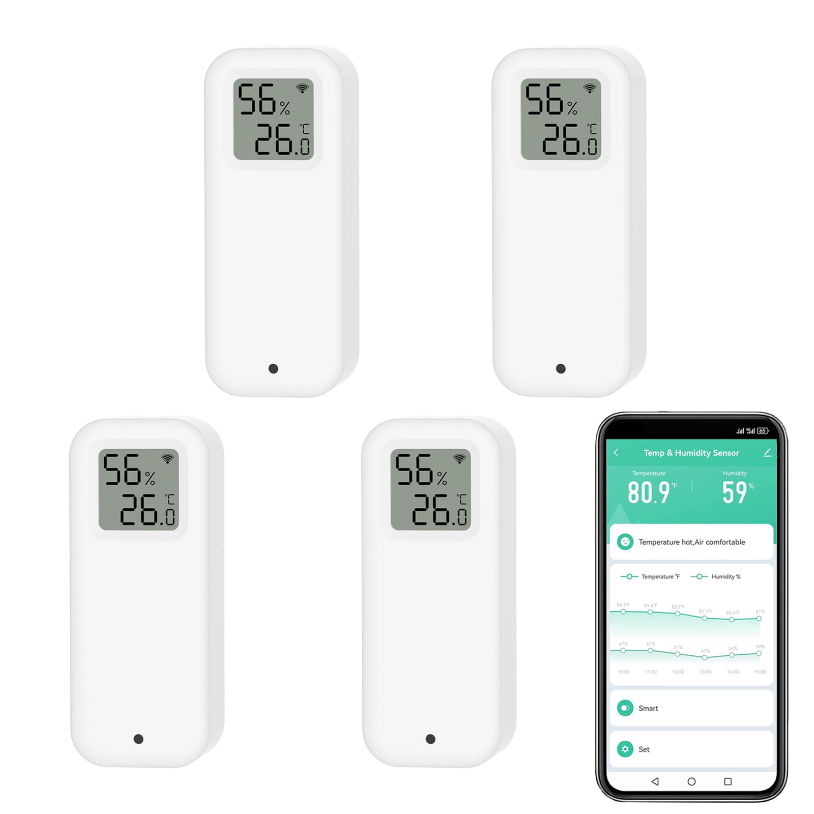 Digitales Thermometer, Hygrometer, Temperatur- und Feuchtigkeitssensor WiFi mit eigenständiger Magnetfolie, Temperatursensor zur Kalibrierung mit App-Benachrichtigung. Kompatibel mit Alexa. 4 Stück