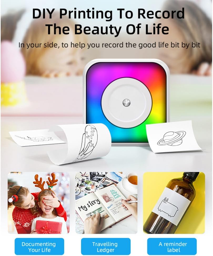 Mini Thermal Printer Multifunction Portable Sticker with RGB Instant Photo Inkless Printing Port BT Connection for Smartphone with 9 Thermal Paper Roll 57mm + 5 Self-Adhesive Paper