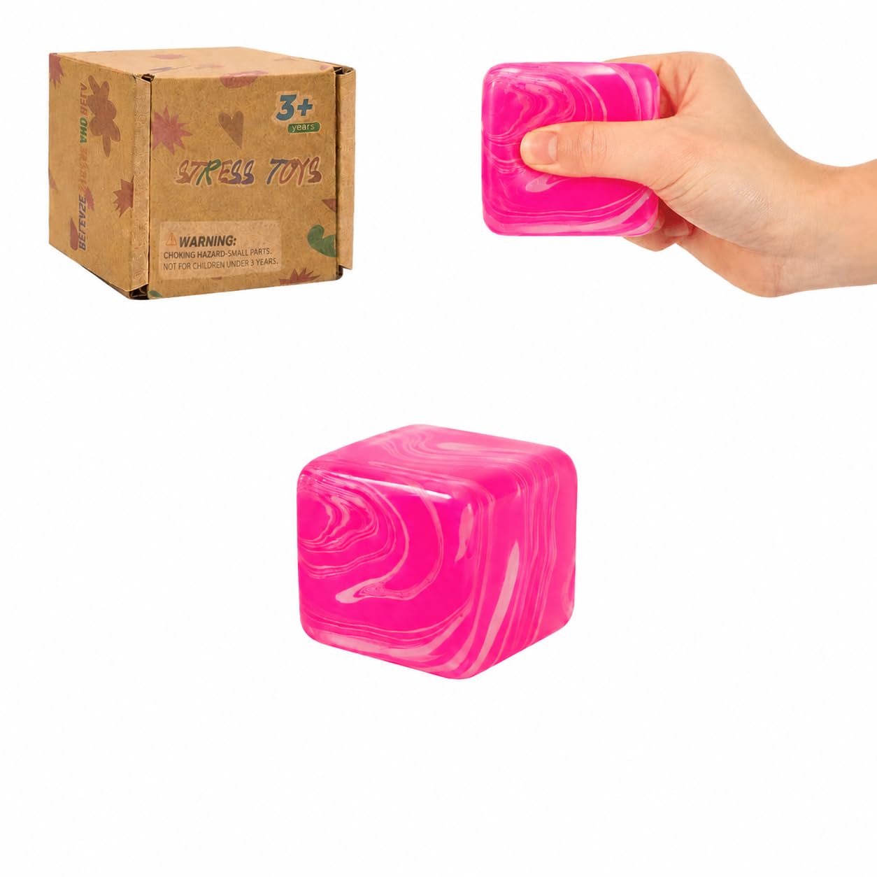 Graphinza Squeeze Toys – Flow Texture Ice Cube Squishy Toy, 1.97in Soft Sensory Squeeze Toy with Smooth Ripple Design, Durable Grip Not Easy to Fall Off for Kids and Adults (Pink White)