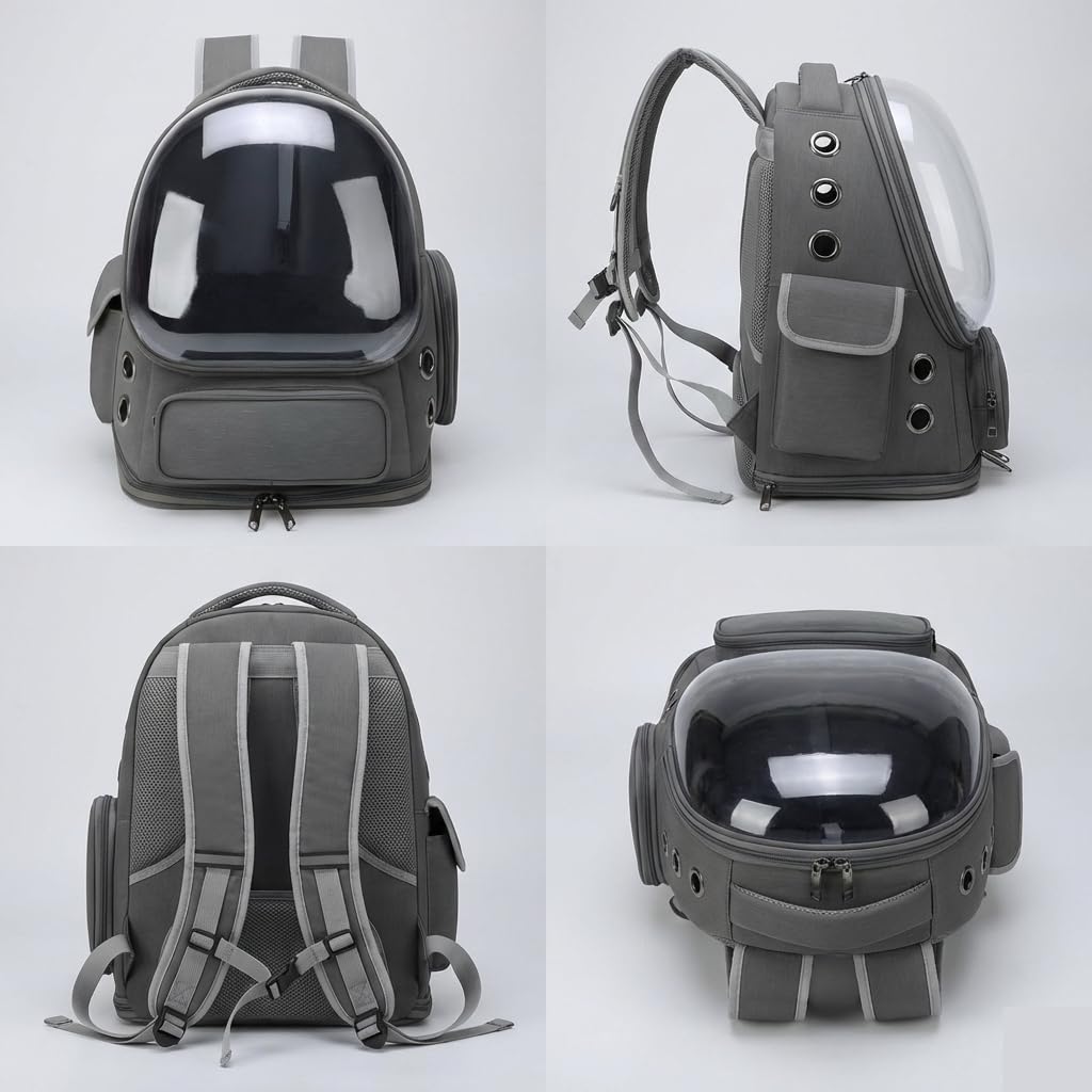 Mochila Transportín para Gatos, con Cápsula Transparente, Ventilación Color Gris