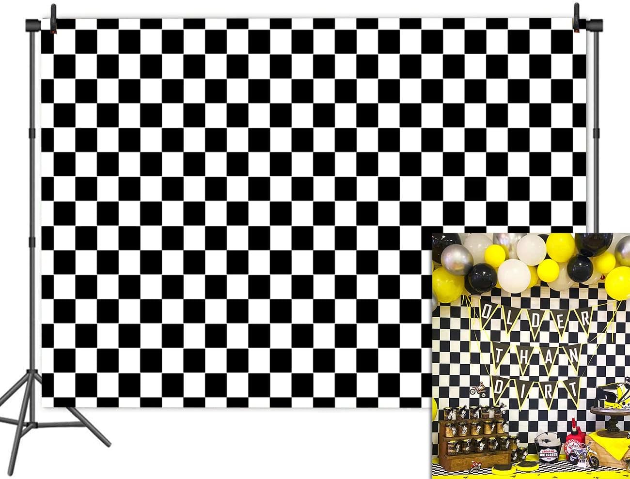 Cosplay Party Banner Checkered Flag Photography Backdrop Vinyl 7x5ft Photo Background White and Black Racing Checker Texture Grid Birthday Chess Board Decoration Supplies Photo Booth Studio Props