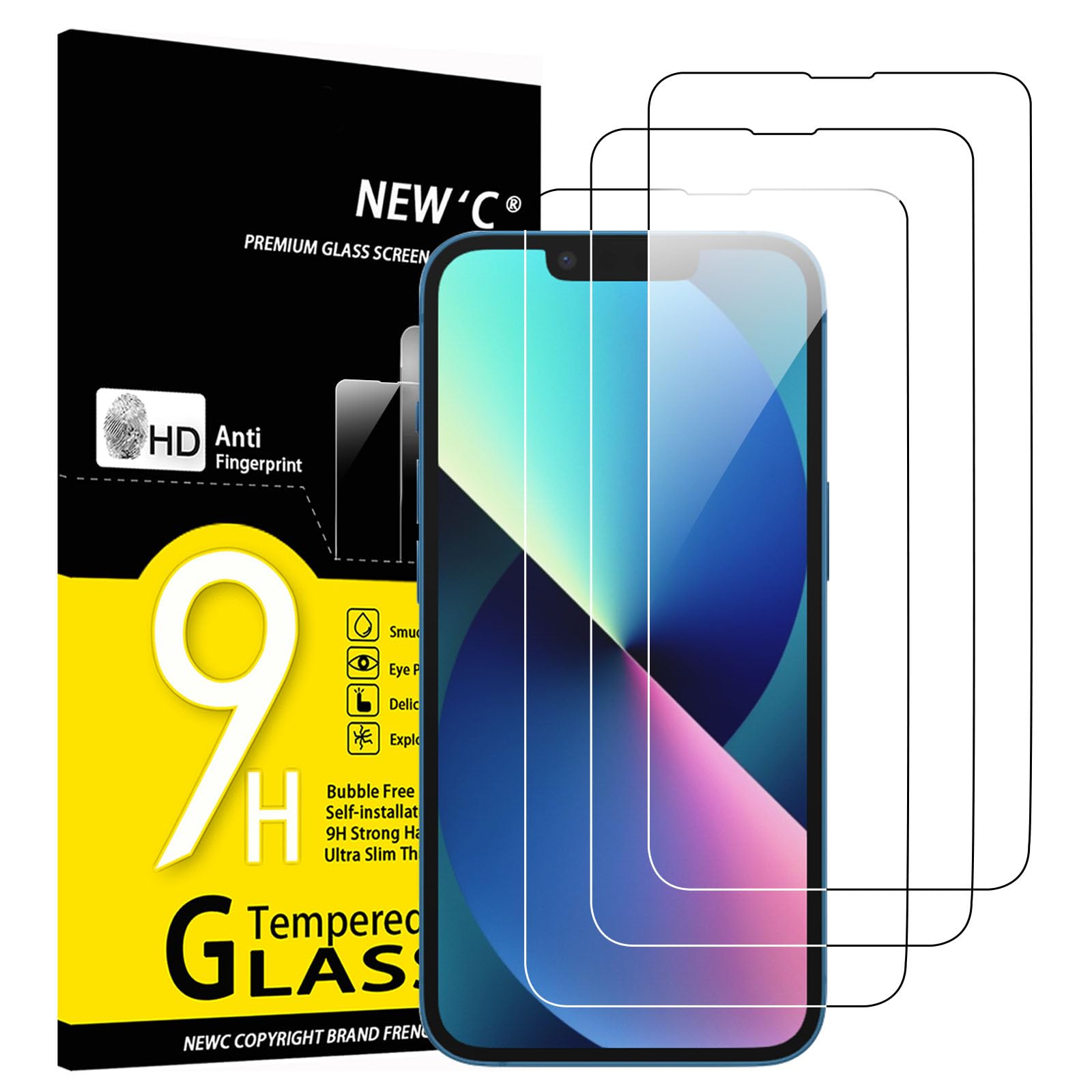 NEW'C 3 sztuki Szkło dla iPhone 14, iPhone 13, iPhone 13 Pro (6,1 cala) Hartowane i Folia Ochronna Ochraniacz Ekranu - Bez pęcherzyków powietrza, odporność na zarysowania