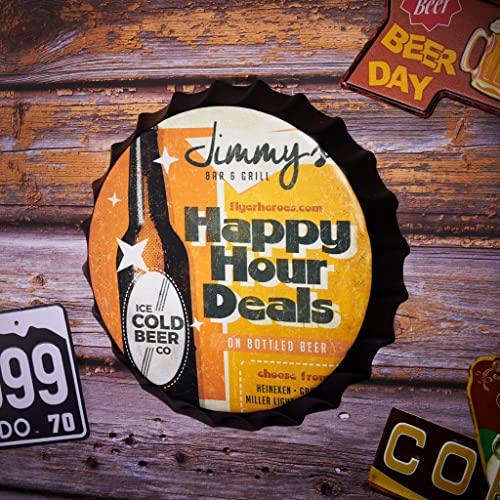 Image of EAZYWAGON Decorative Metal Bottle Caps Wall Sign Plates - 14X14 Inches - Happy-Hour-Deals | Metal Wall Hanging Bottle Cap for Home, Farmhouse, Bar & Cafe Decoration | Vintage & Retro Look Plaques