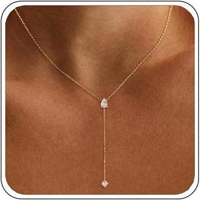 Long Necklaces for Women Trendy, 14K Gold Plated CZ Drop Necklace