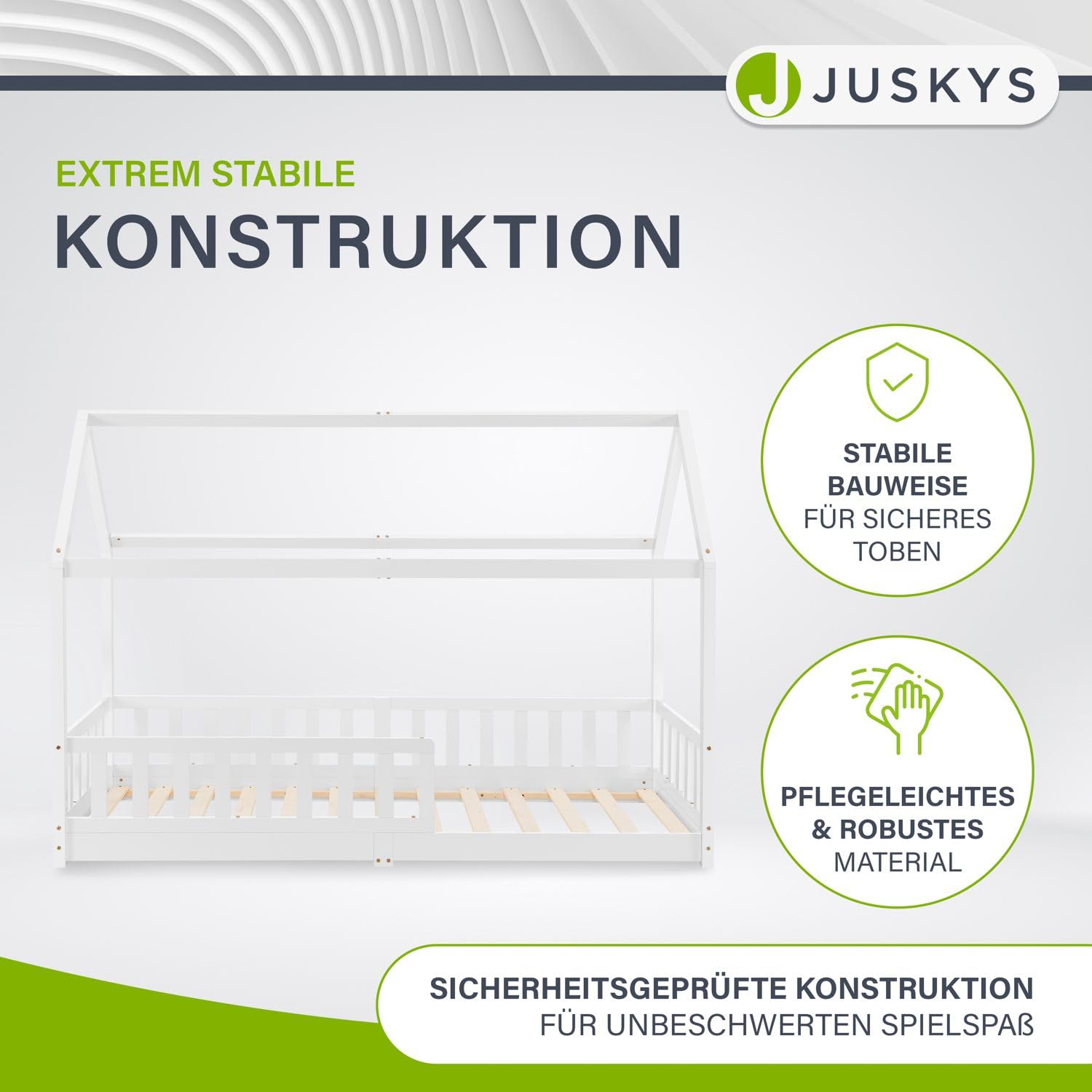 Juskys® Kinderbett Marli 90 x 200 cm mit Matratze, Rausfallschutz, Lattenrost & Dach - Massivholz Hausbett für Kinder - Bett in Weiß