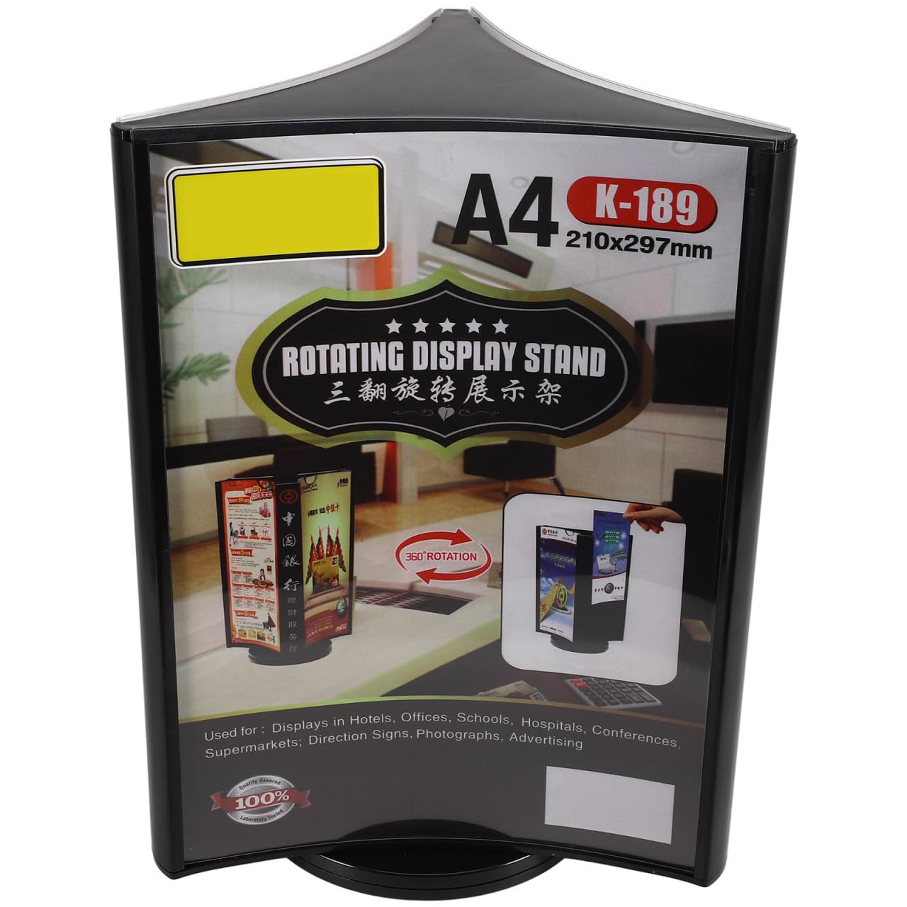 Porta Menú de Tres Caras de Acrílico Negro con Soporte Giratorio Fácil de Usar con Exhibición Vertical para Restaurantes y Bodas