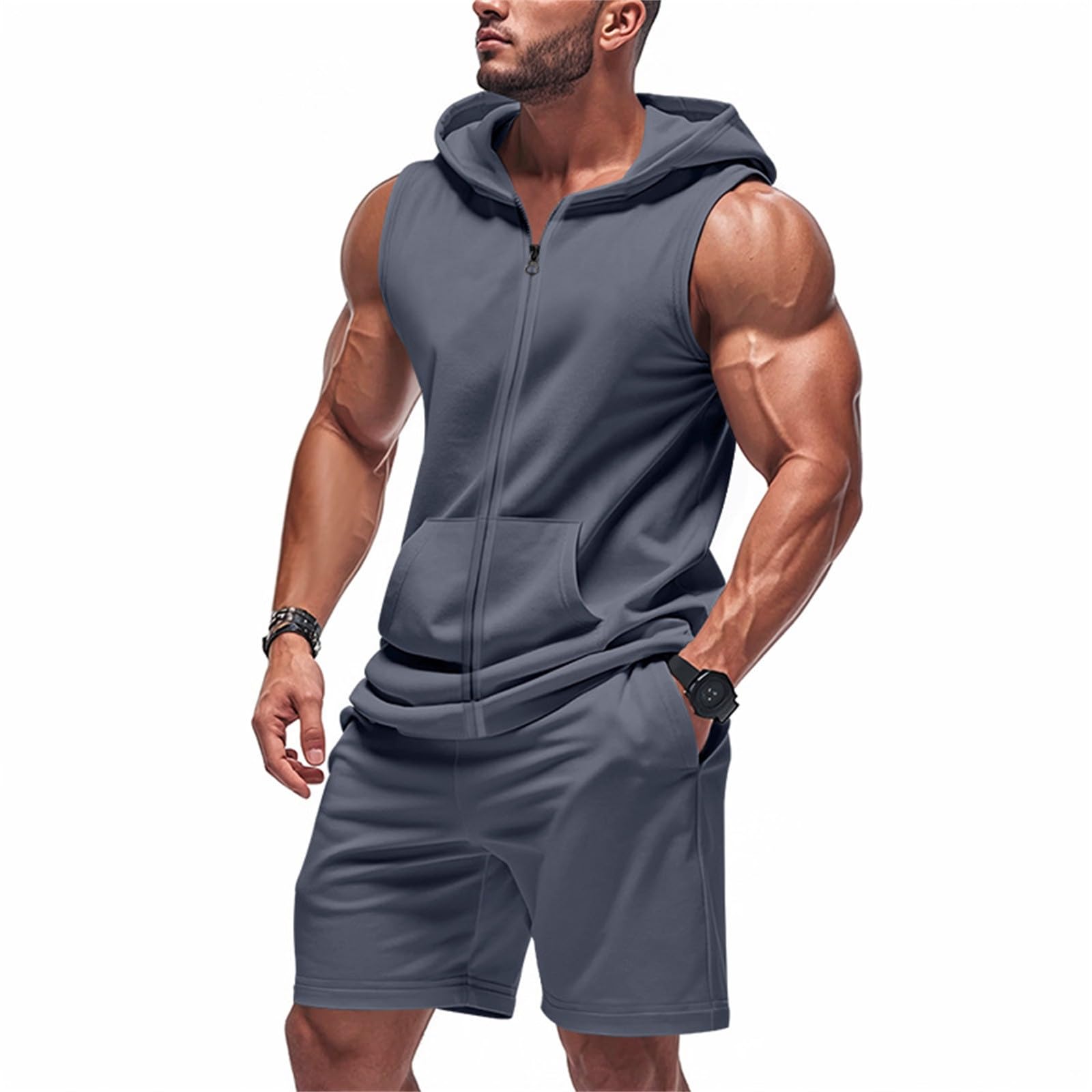 Conjunto de chándal para hombre de dos piezas, chándal de fitness con bolsillo, sin mangas, capucha, camisetas de tirantes y pantalones cortos, conjunto de pantalones deportivos, traje