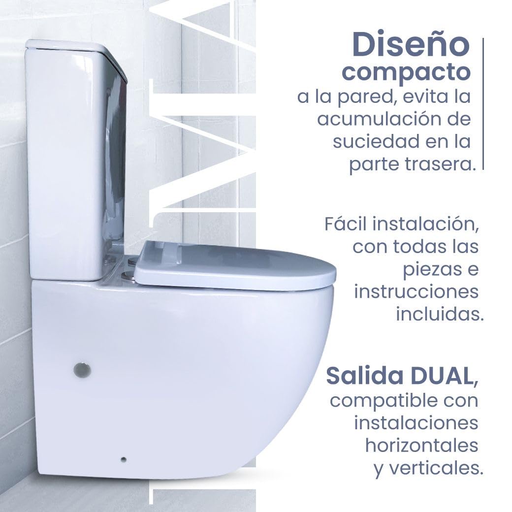 Inodoro Completo Moderno, Inodoro Blanco, Retrete para Hogar, Sistema Rimless Antibacterias, Tapa Dura Extrafina Amortiguada Salida Dual, Material UF Resistente