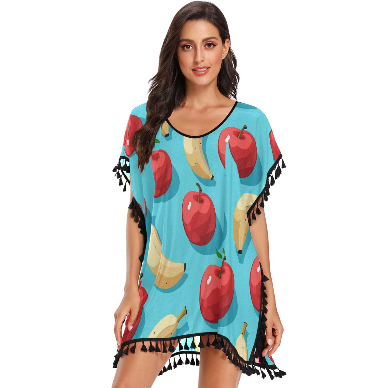 Banana Apple Fruit Art Women's Beach Cover Up Chiffon Tassel Swimwear Swimsuit Coverups for Girl
