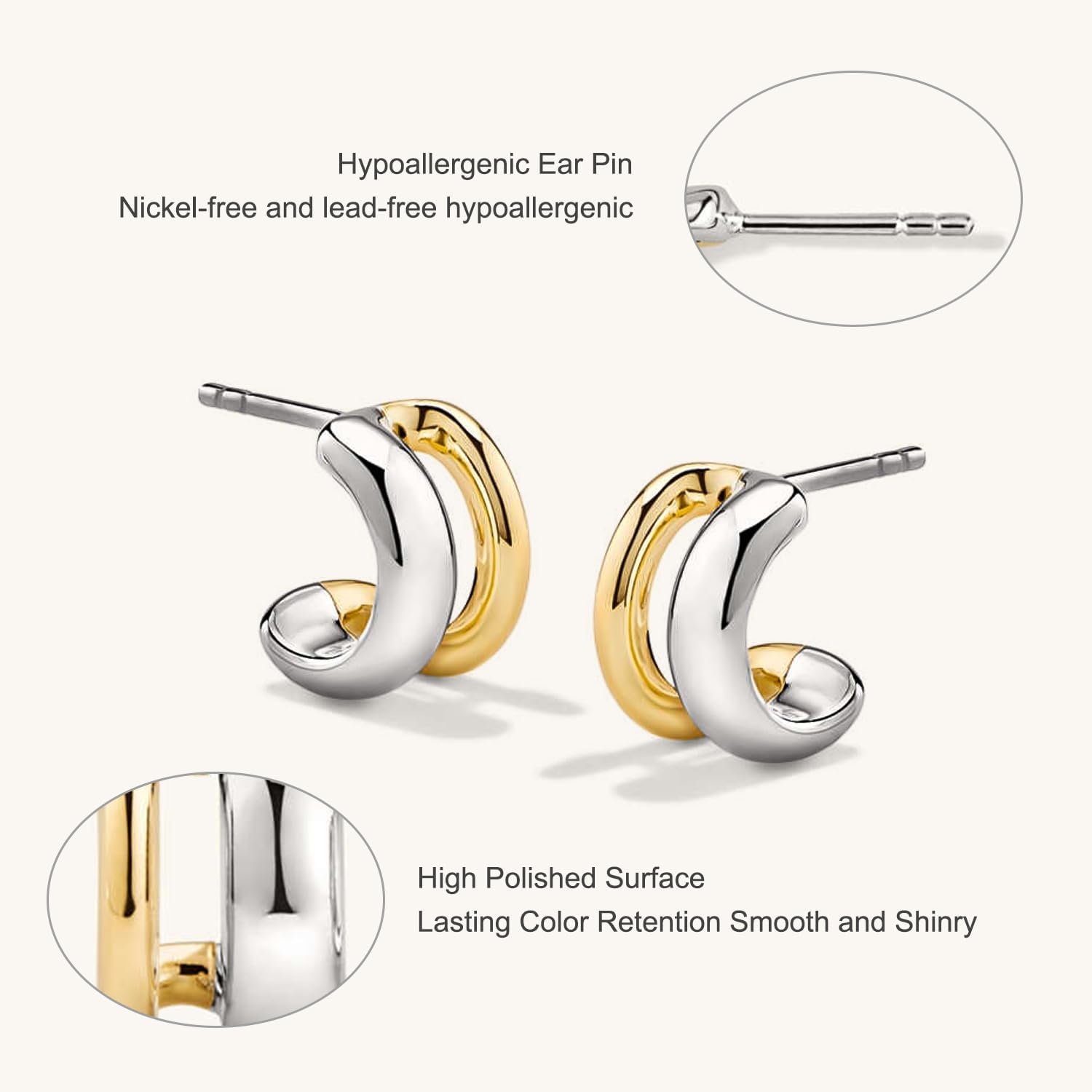 Two Tone Hoop Earrings for Women,Trendy Sterling Silver Gold C Shaped Hoop Earrings for Girls Classic Lightweight Hoops Earrings - Image 5