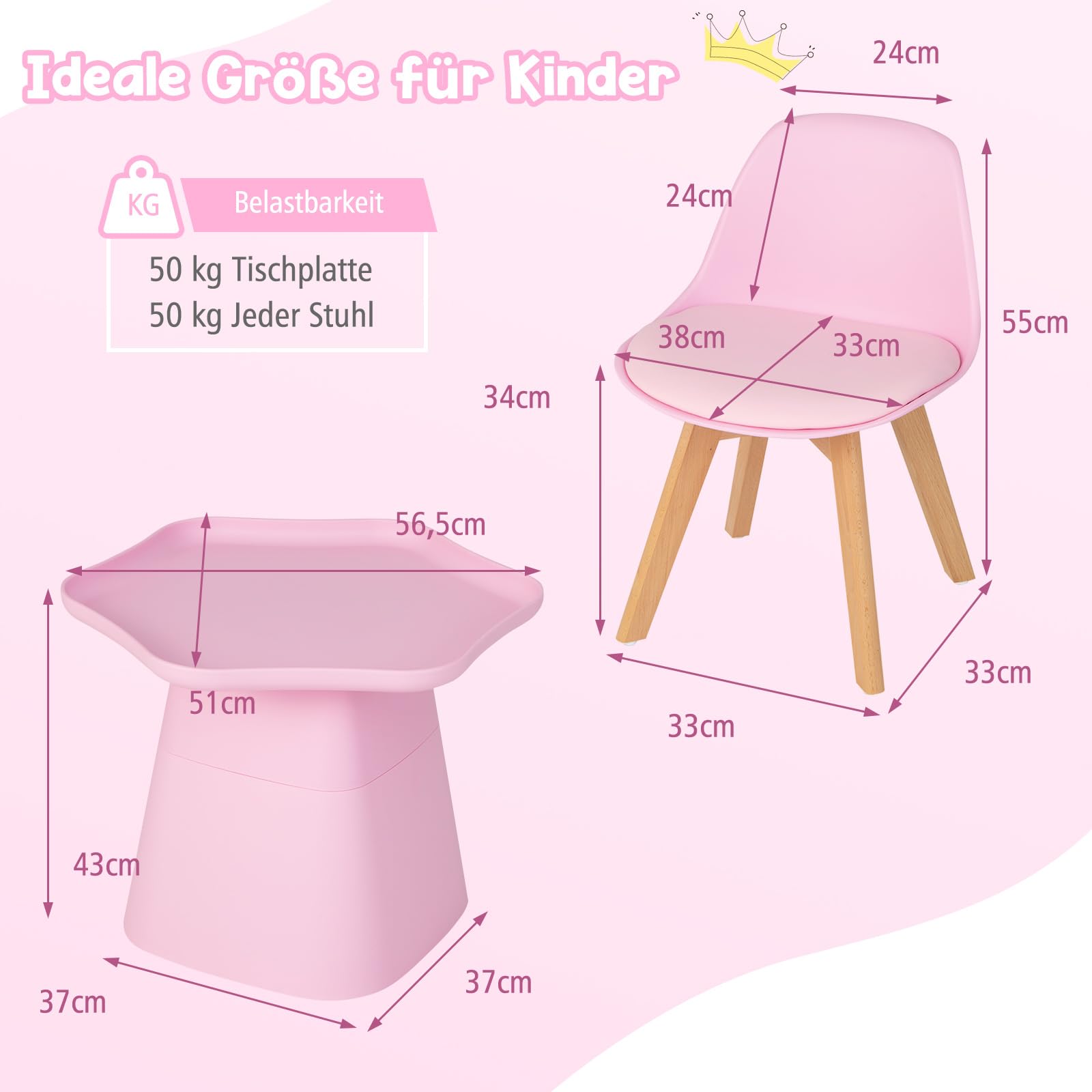 COSTWAY Kindertafel met 2 stoelen, 3-delig. Kinderzitgroep met ronde tafel en 2 gevoerde stoelen, activiteitentafel, speeltafelset van beukenhout om te tekenen, eten voor peuters van 3-8 jaar