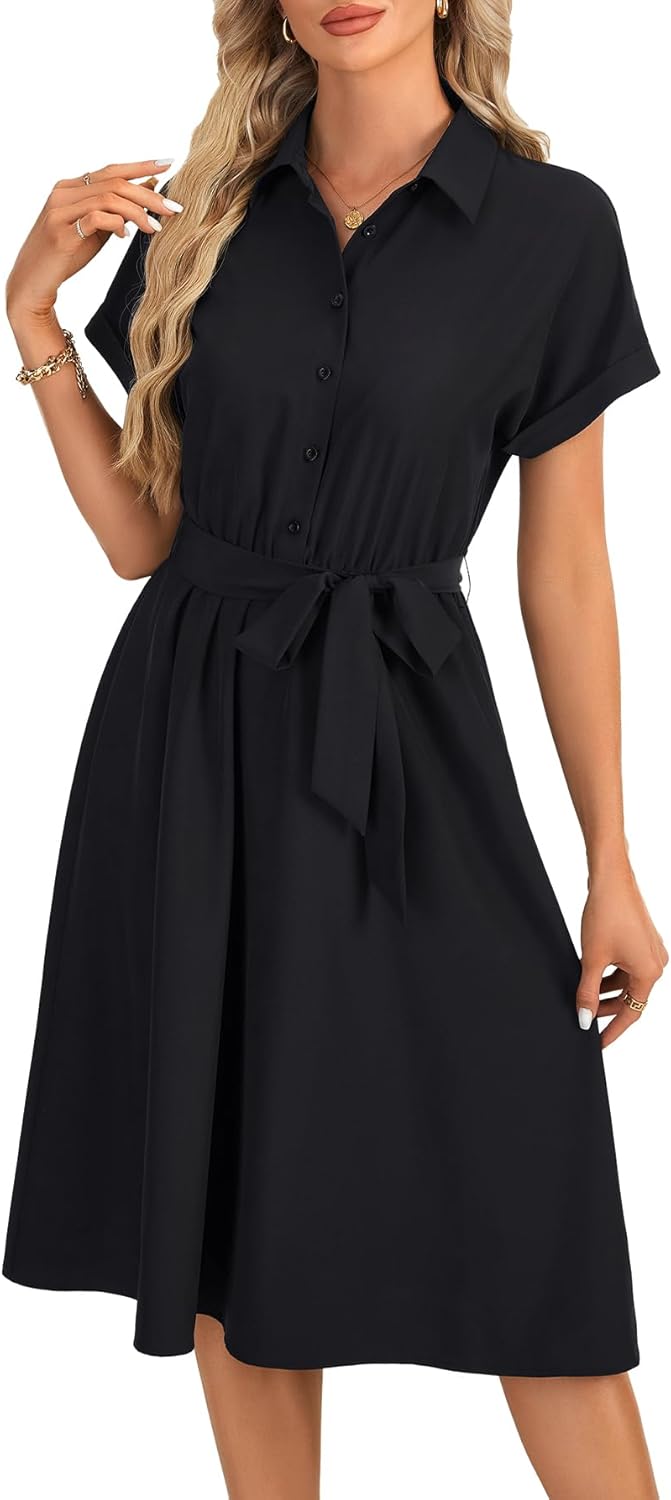 LYANER Women's Collar V Neck Button Front Tie Waist Short Sleeve Ruffle Hem Midi Dress - Image 6