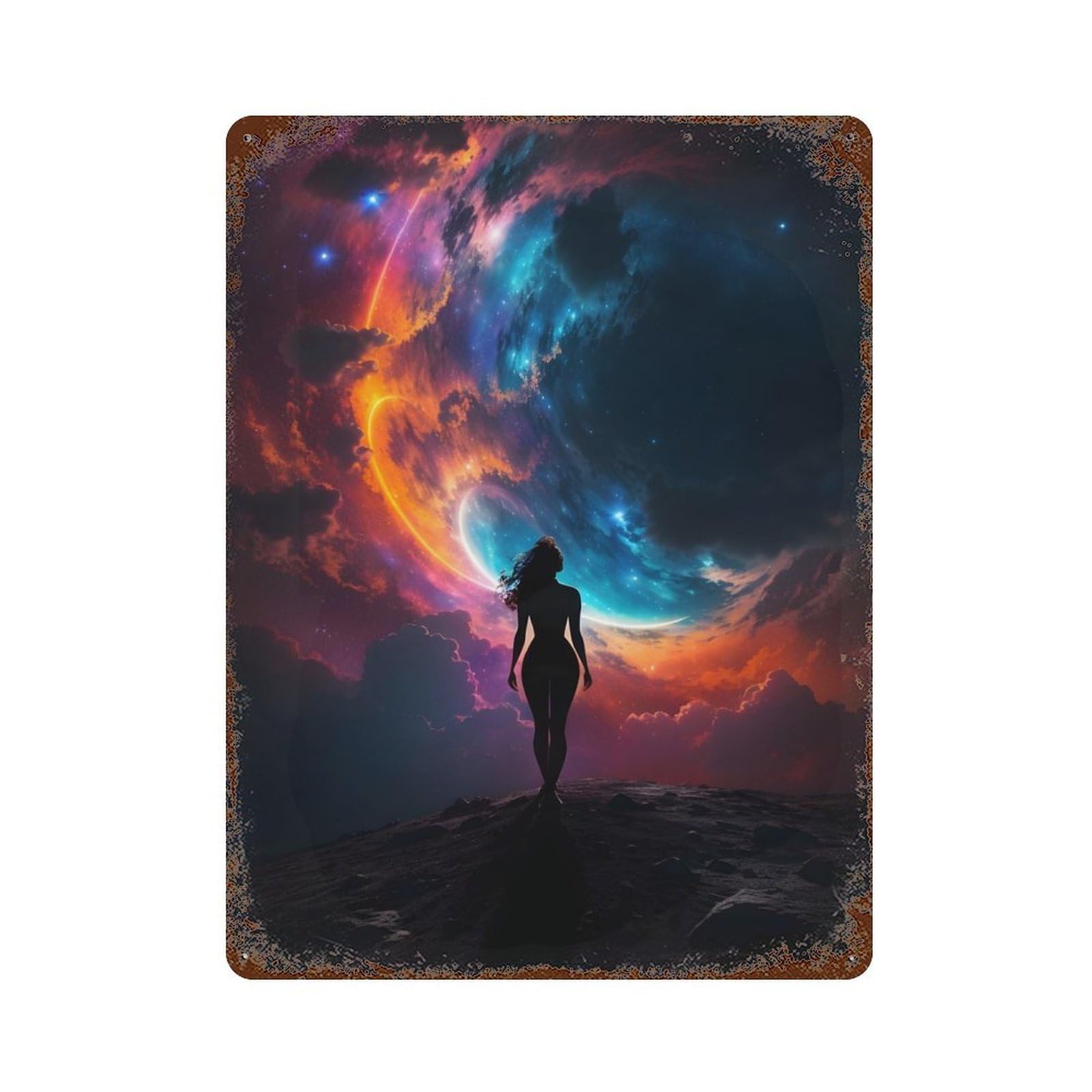 Silhouette Woman Galaxy 15.7"x11.8" Aged Metal Wall Plaque, Classic Wall Plaque for Basement, Hobby Room And Garage Decor