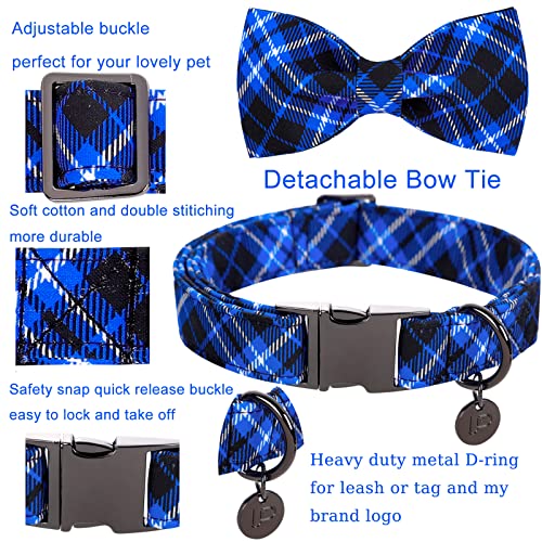 Image of Dog Collar with Bow Tie, Cotton Dog Bowtie Collar for Small Girl Boy Dog, Holiday Blue Dog Collar with Durable Metal Buckle, Cute Plaid Pet Collar, S, Neck 10-16in.