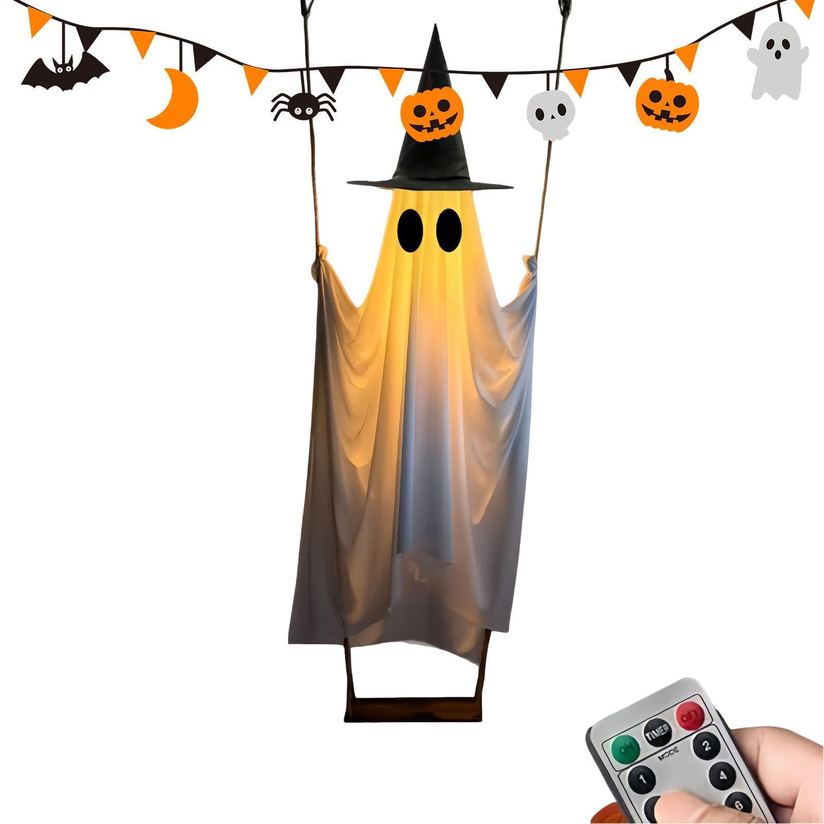 Fantôme lumineux Halloween extérieur 1,8m avec télécommande et chapeau de sorcière