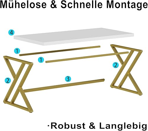 Miniatura 7 de LVB Escritorio blanco y dorado, moderno escritorio de madera para computadora de oficina en casa, mesa de estudio de metal para trabajo de escritura