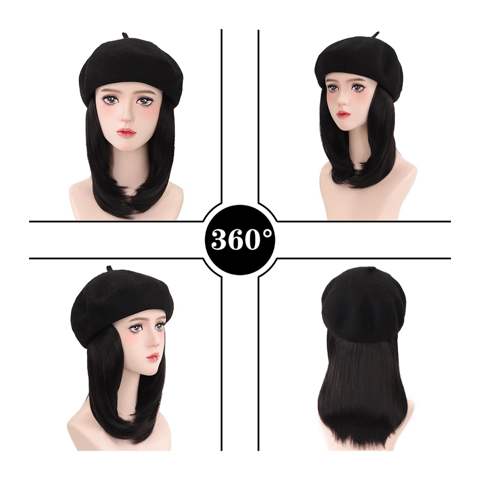 Gorra Calva Peluca Ladies Hat sintética recta corta Extensiones de cabello negro 16 pulgadas Cabello liso for damas Gorro de Pelo(2)