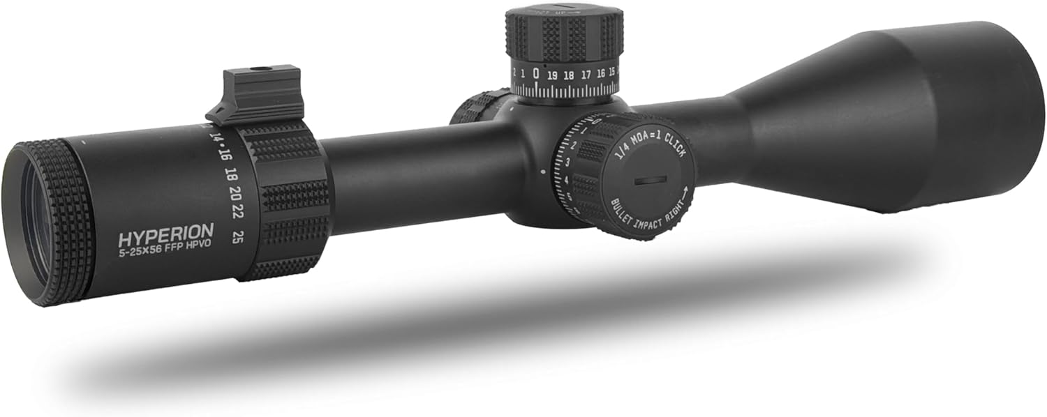 Hyperion 5-25x First Focal Plane High Power Variable Scope with SecureLock Locking Turrets, Side Parallax, Illuminated Reticle, FFP-MOA | MOA Reticle | Rings NOT Included