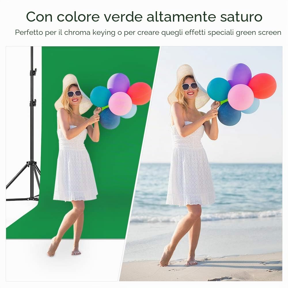 Andoer Telo Verde Green Screen 2x3m, Supporto e Morsetti per Fotografia e Video