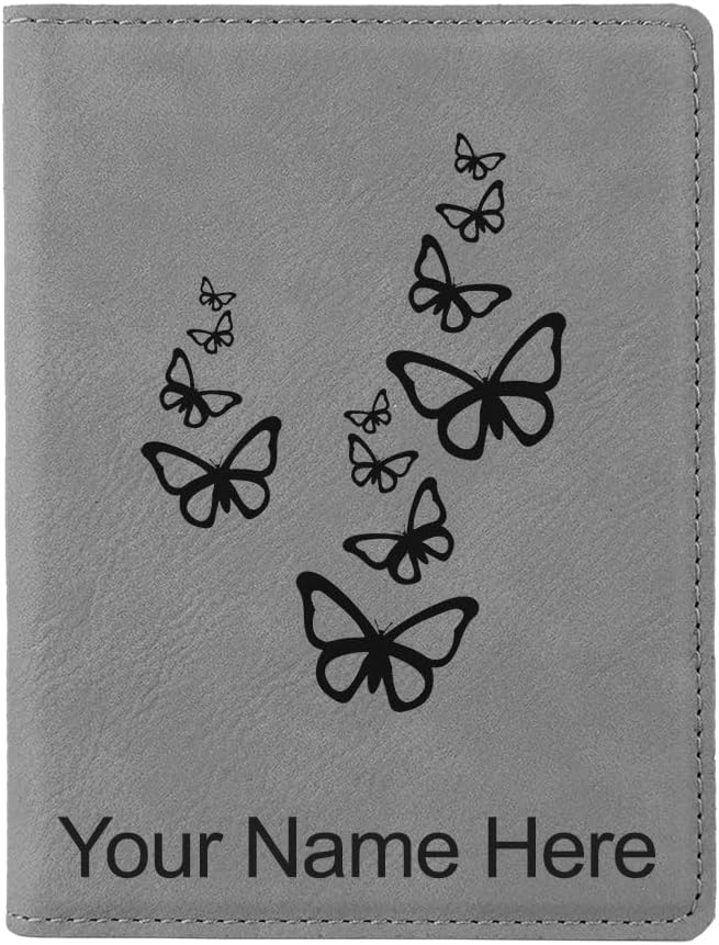LaserGram Faux Leather Passport Holder, Butterflies, Personalized Engraving Included (Dark Blue)