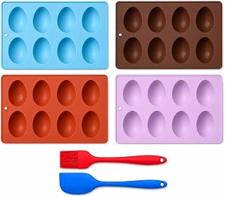 Silicone Easter Egg Molds, 4-Pack 32-Cavity Egg-Shaped Chocolate and Candy Molds with Spatula and Pastry Brush for Gummies, Jelly, Frozen Treats and Baking