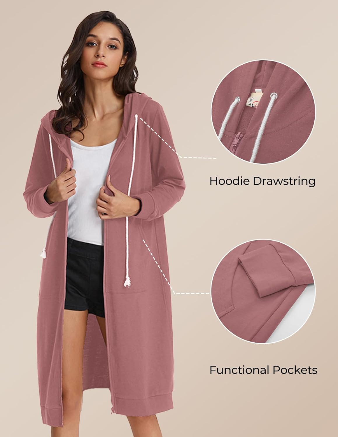 GRACE KARIN Women's Casual Pockets Zip up Hoodies Tunic Sweatshirt Long Hoodie Jacket