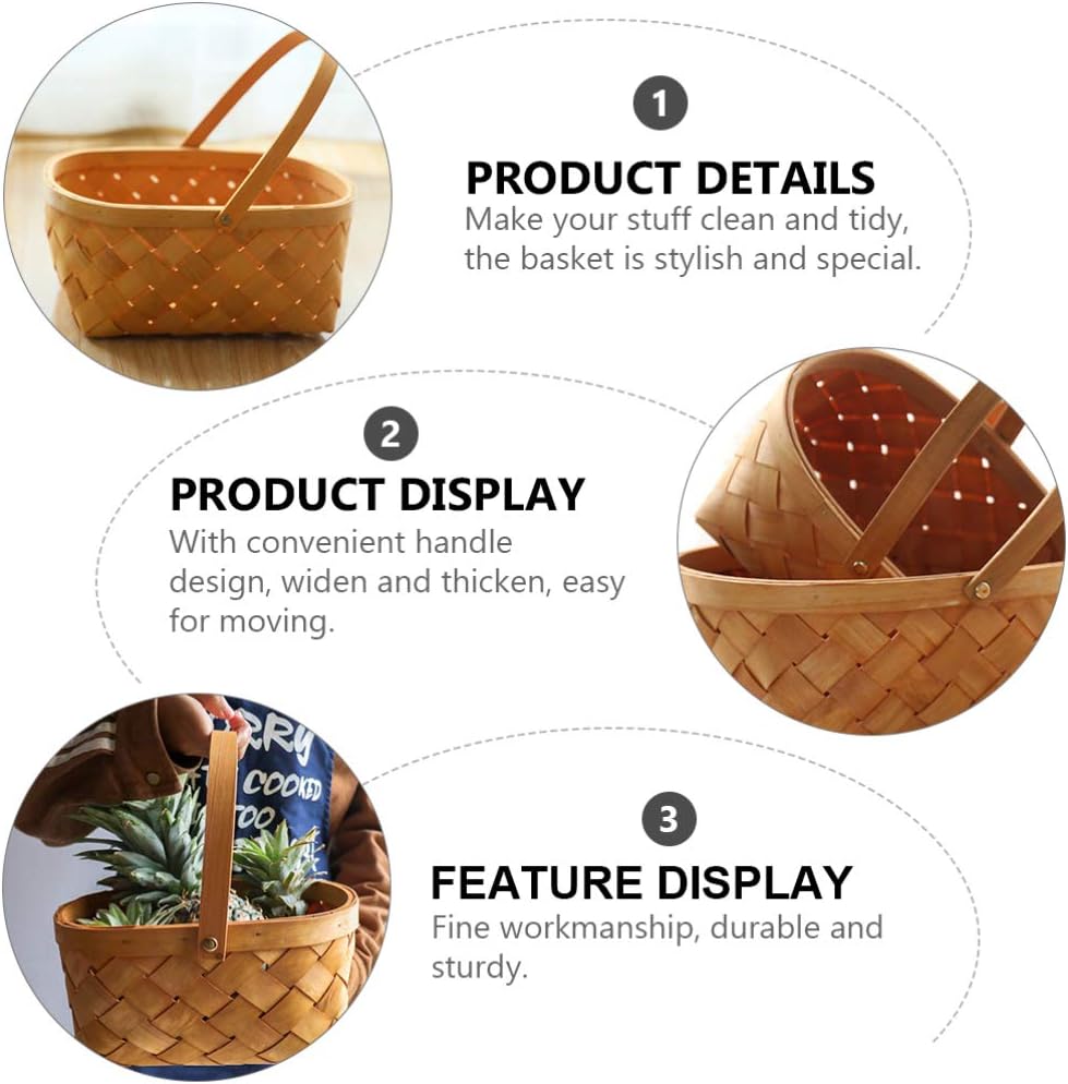 ABOOFAN Wooden Woven Basket Portable Picnic Basket with Handle for Easy Carrying Home Kitchen Vegetables Container 11.02 X 8.66 X 4.72 Inches