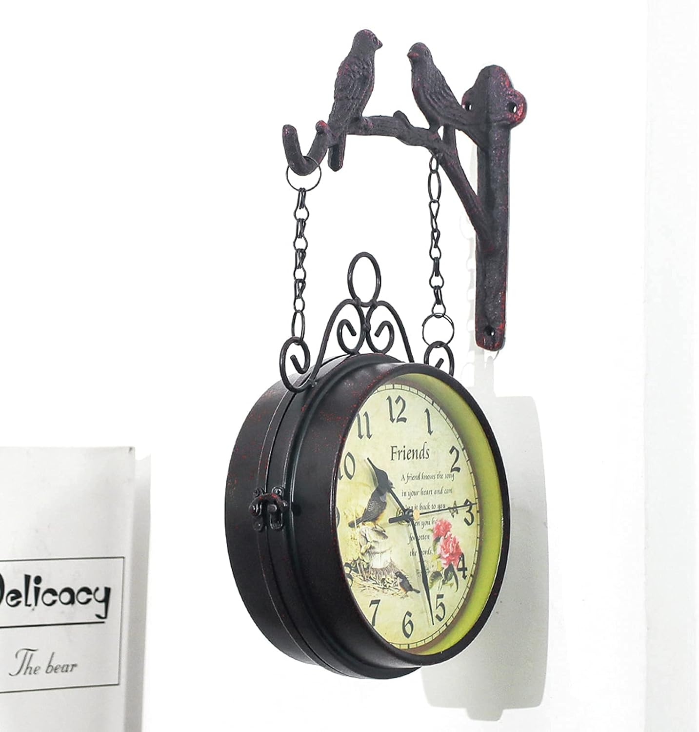 Double Sided Station Clock Nostalgia Station Clock with Double Sided Dial Outdoor Clock Garden Wrought Iron 360 ° Rotation Wall Clock Decoration Outdoor Garden Clocks