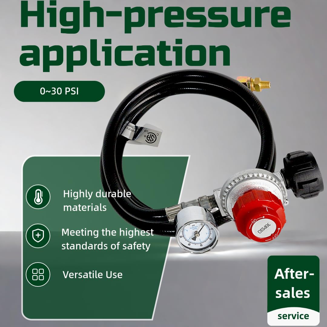Regolatore di propano ad alta pressione da 1,5 m con manometro, uscita regolabile da 0 a 30 psi, tubo in PVC resistente, per friggitrici, bruciatori, affumicatori e cucina all'aperto
