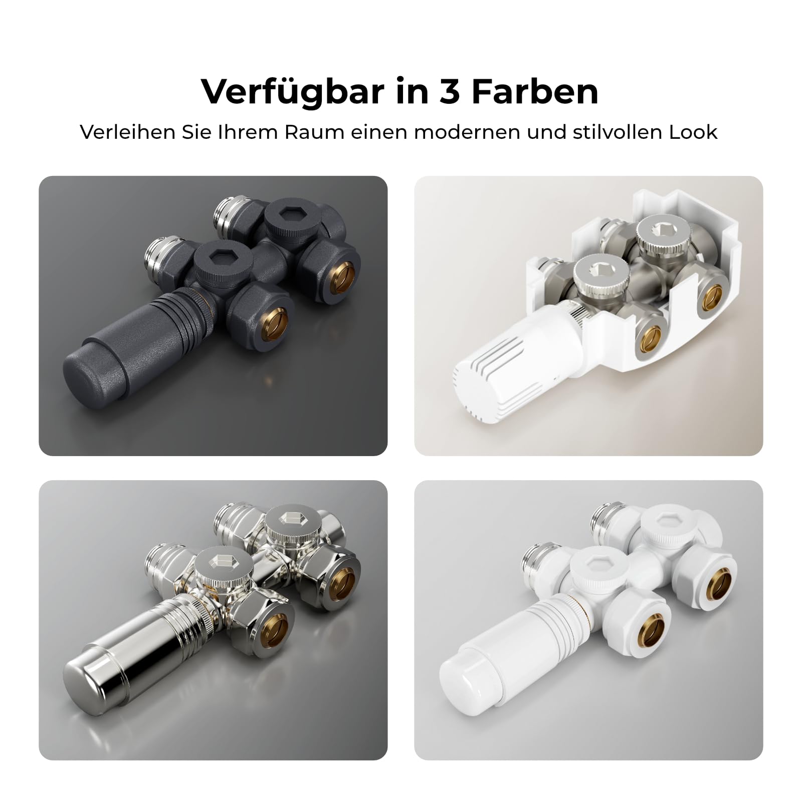 Heilmetz Multiblock Set für Heizkörper Anschlussarmatur mit Thermostat Hahnblock in Eck- und Durchgangsform, 50mm Ventil – Für 15mm & 16mm Rohre (G1/2"), 1 Stück, Weiß mit Deckel