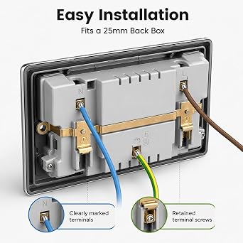 Amoi Double Plug Socket with USB C, 2 Gang 13A Switched Wall Socket, 18W Fast USB Charging (1 USB-C & 2 USB-A Ports), Brushed Steel Metal Socket Grey Inserts, Fits 25mm Back Box