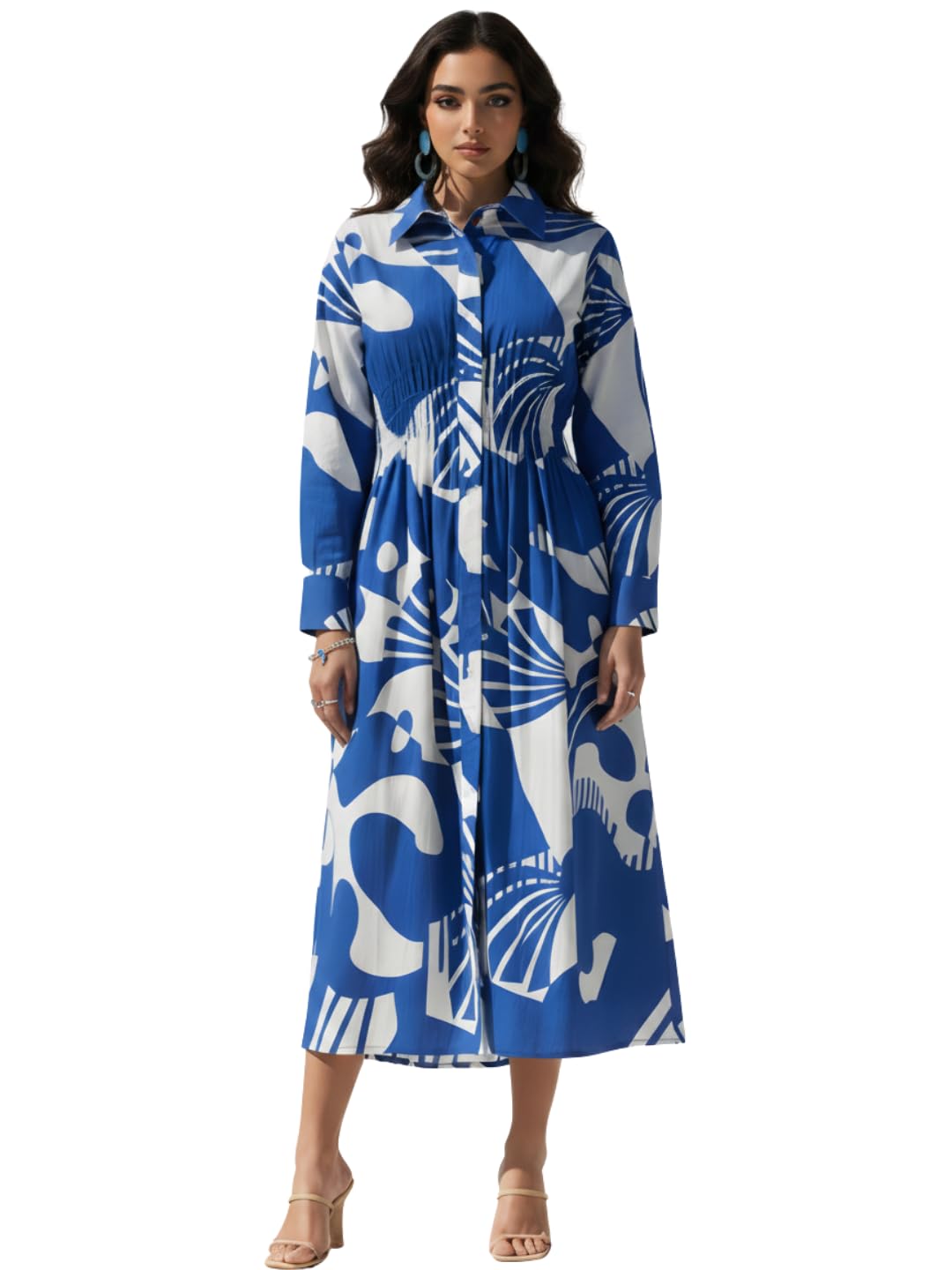 Women's Pink & White Floral Printed 100% Pure Cotton Cambric Shirt Dress with Smocked Waist | Shirt Collar, Long Cuffed Sleeves, Side Pockets | Casual Day Wear, Office & Vacation Wear-picture-26