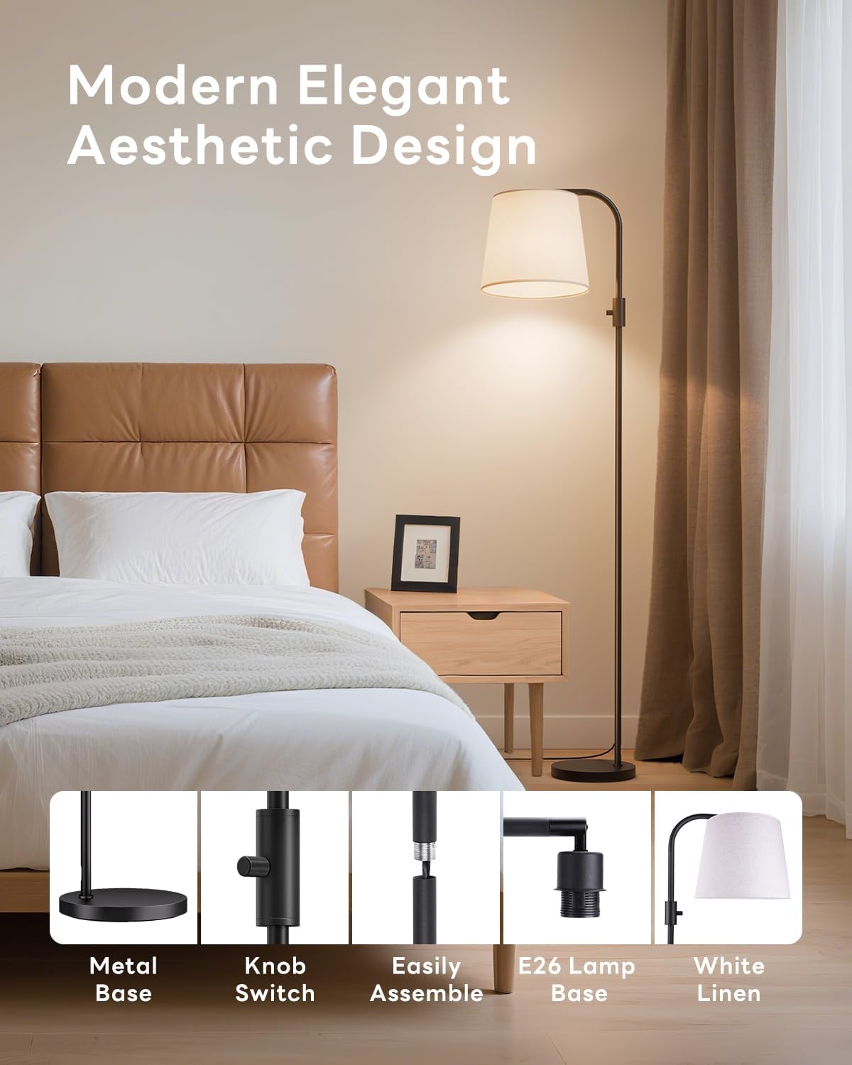 Dimmable Arc Floor Lamp, 1200 Lumens RGBCW Color Change Bulb Included, Standing Lamp with Linen Shade, 65" Tall Lamp with Remote for Living Room, Bedroom, Office, Dining Room, Kitchen, Black