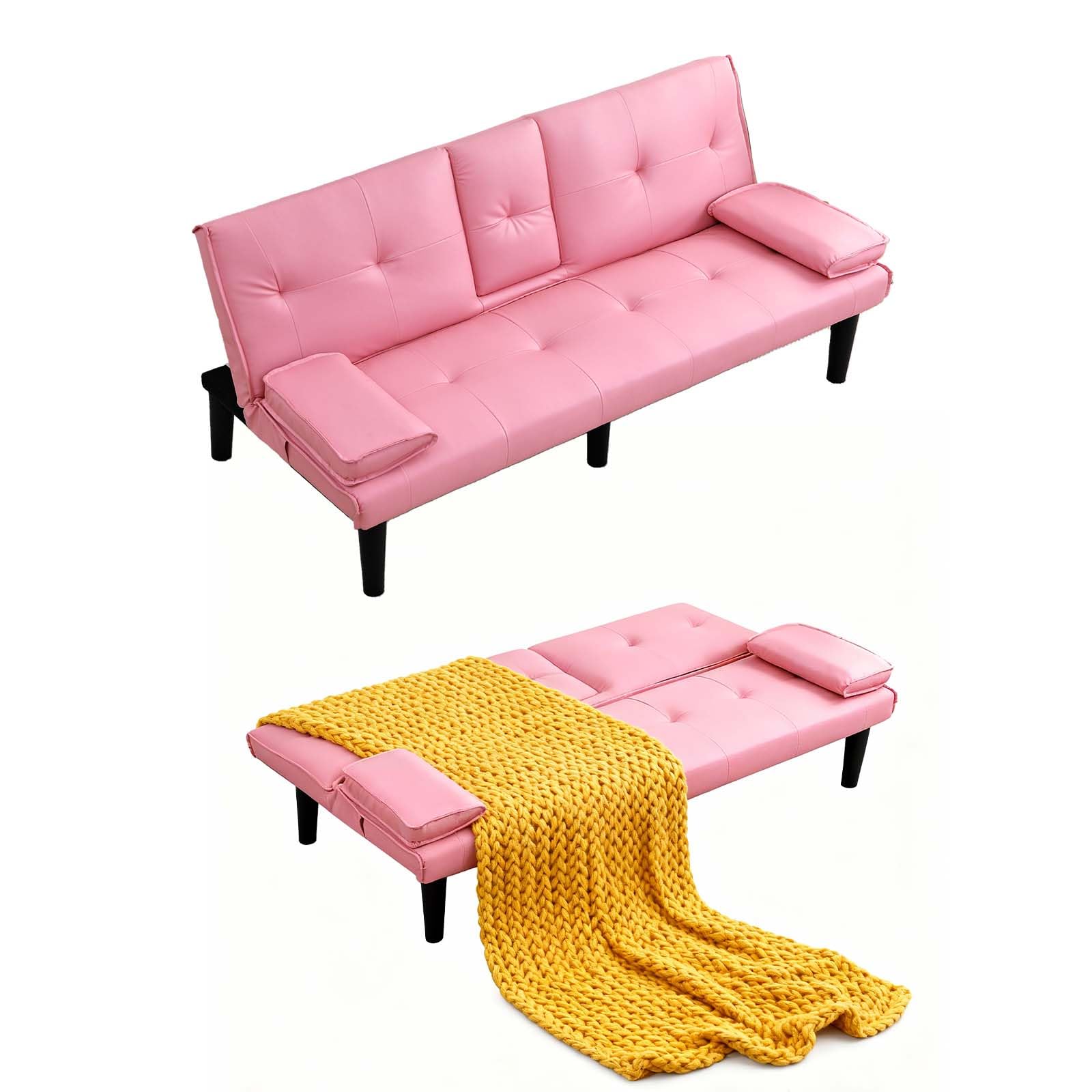 67" Futon Sofa Bed Convertible Sofa Bed with 2 Cup Holders (Pink) | Sleeper Couch PVC Leather Removable Soft Armrest Small Couch for Living Room Apartments