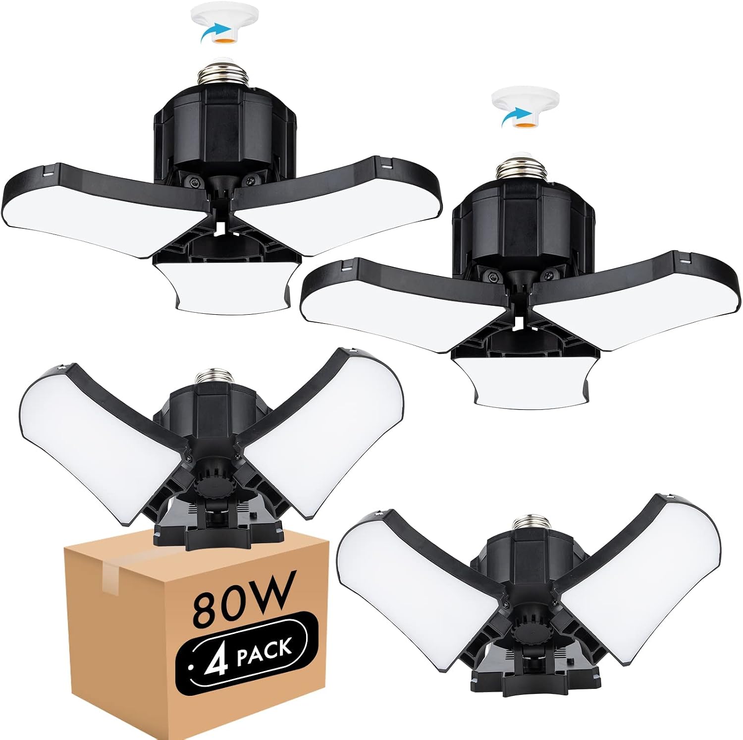 4-Pack LED Garage Lights, 5000K Daylight White Garage Lights Ceiling LED 8000 Lumens Deformable LED Garage Lights Bulb 80W Flexled Garage Ceiling Lights, Shop Lights for Garage, Workshop, Basement