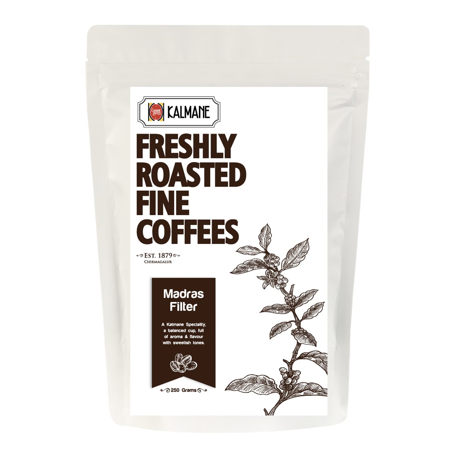 Kalmane Koffees | Madras Filter - Fine Grind Ground Coffee Powder Made with 100% Specialty Grade Arabica - Roasted Frequently in Small Batches - Aromatic Flavor, 70% Coffee 30% Chicory (250 gm)
